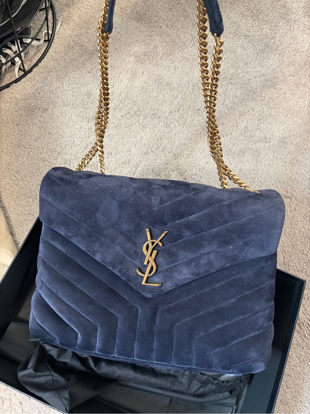 Saint Laurent Navy Suede Medium Loulou Chain Shoulder Bag